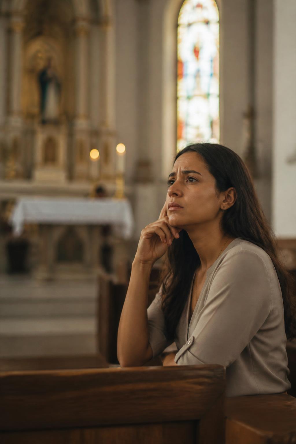 Mulher distraída e confusa durante a Santa Missa